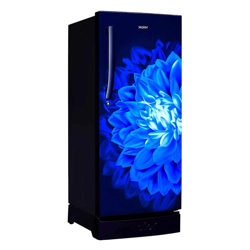 Haier 215L 5 Star Inverter Technology Direct Cool Single Door Refrigerator with Toughened Glass Shelf Base Drawer comes in Glossy Marine Dahelia Finish HRD-2355PMD-P